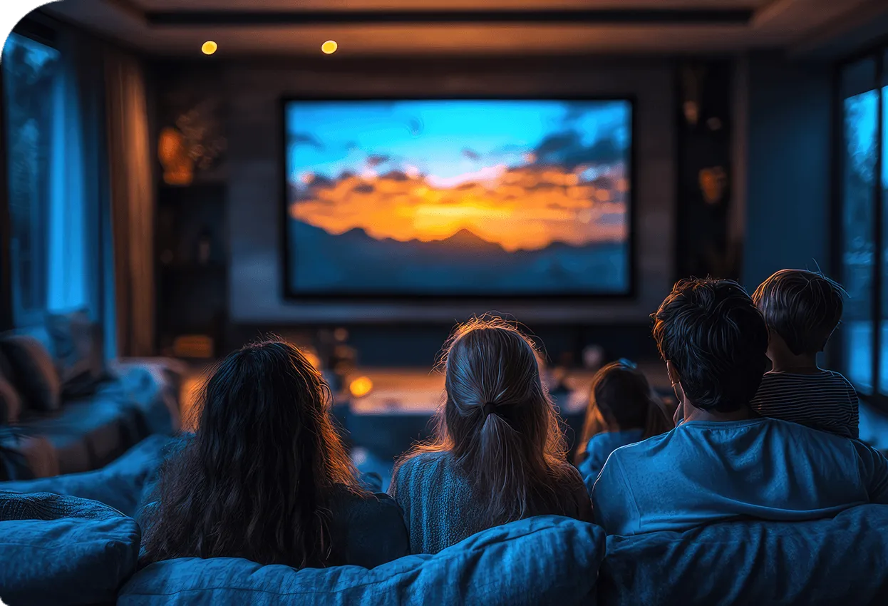 Family sitting together on a sofa, watching a movie on a large home theater screen.